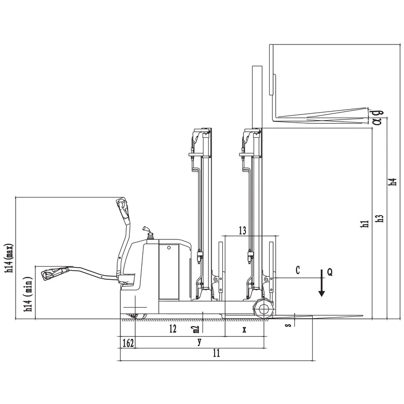 Gerbeur électrique contrebalancé EVVP12C/EVVP15C – vue du mât et des fourches