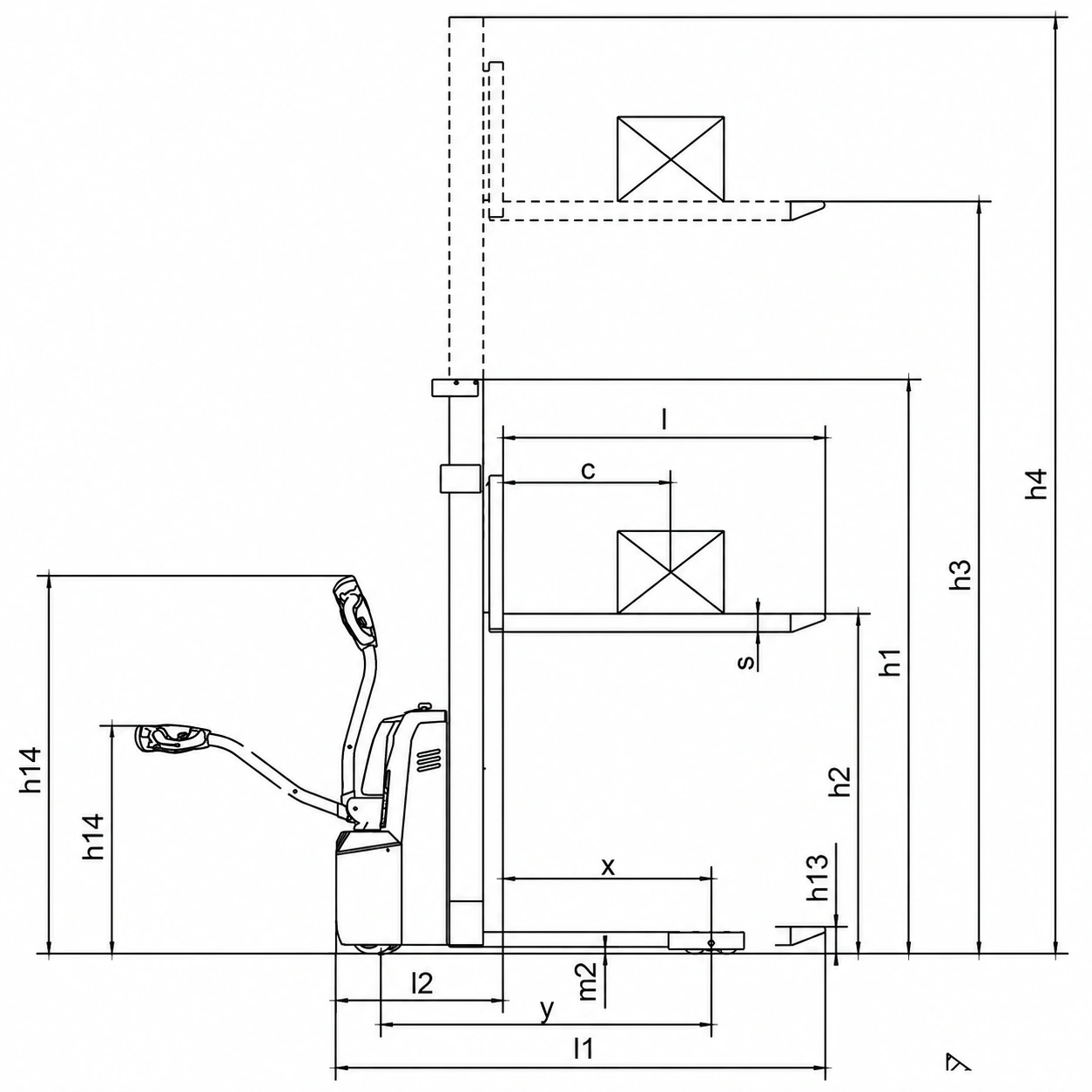 Plan coté du gerbeur électrique EVV10B, EVV12B et EVV15B