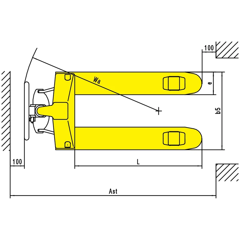 Vue de dessus et dimensions du transpalette manuel galvanisé RPV2500G