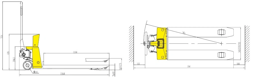 Dimensions du transpalette peseur avec imprimante RPVV2000EP/RPVV2000SEP